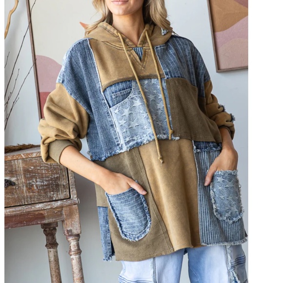 POL Patchwork Hoodie in Blue and Brown - Picture 4 of 7